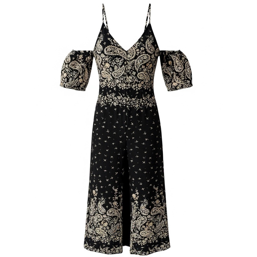 Billabong Black & Cream Paisley Cold-Shoulder Maxi Dress - Size XS